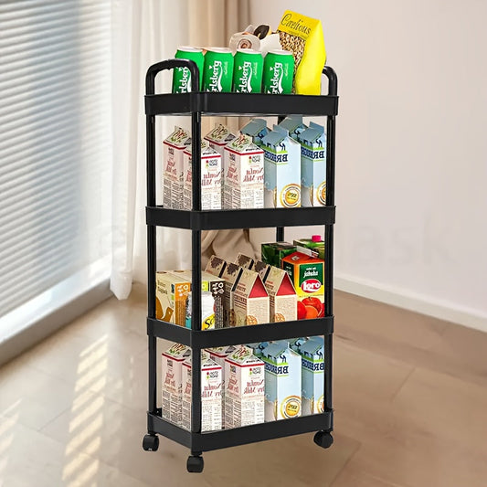 Four-tier trolley storage rack in white, perfect for kitchen, bathroom, bedroom, or office. This multifunctional rolling cart provides practical storage solutions.