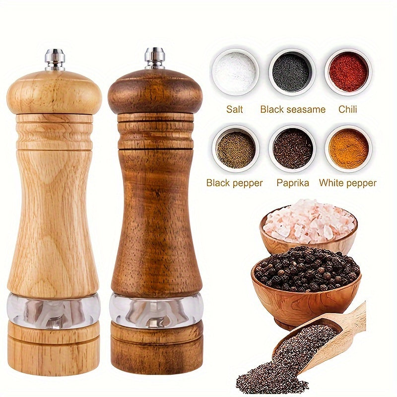 Best Seller: Set of 2 Adjustable Wooden Pepper & Sea Salt Grinders - Manual Spice Mills with Ceramic Core, Ideal for BBQs, Picnics, and Camping - Long-lasting Kitchen Tools, Excellent Valentine's Day Present, Spice Grinder, Refillable Spice Jar, Stylish