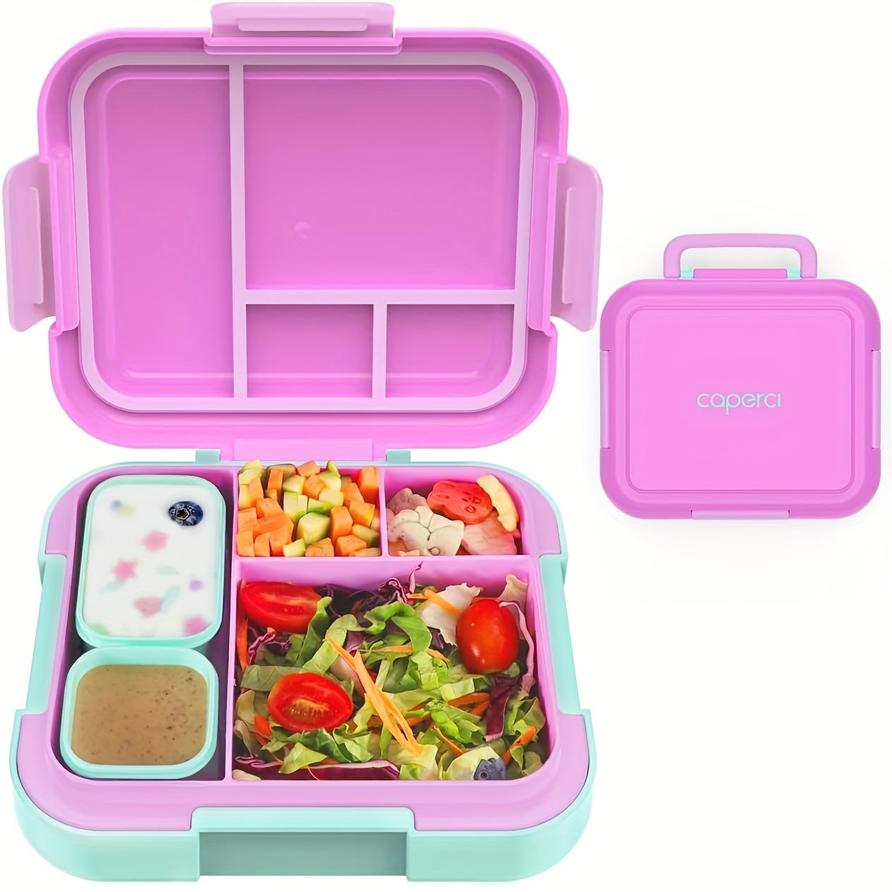 Caperci Large 4.8 Cup Bento Box in Pink - A Popular Choice for Leak-Proof Lunches on-the-Go! Features 4 Compartments, Dual Modular Containers, Portable Handle, Microwave/Dishwasher Safe, BPA-Free - Perfect for School, Work, Camping & Picnics