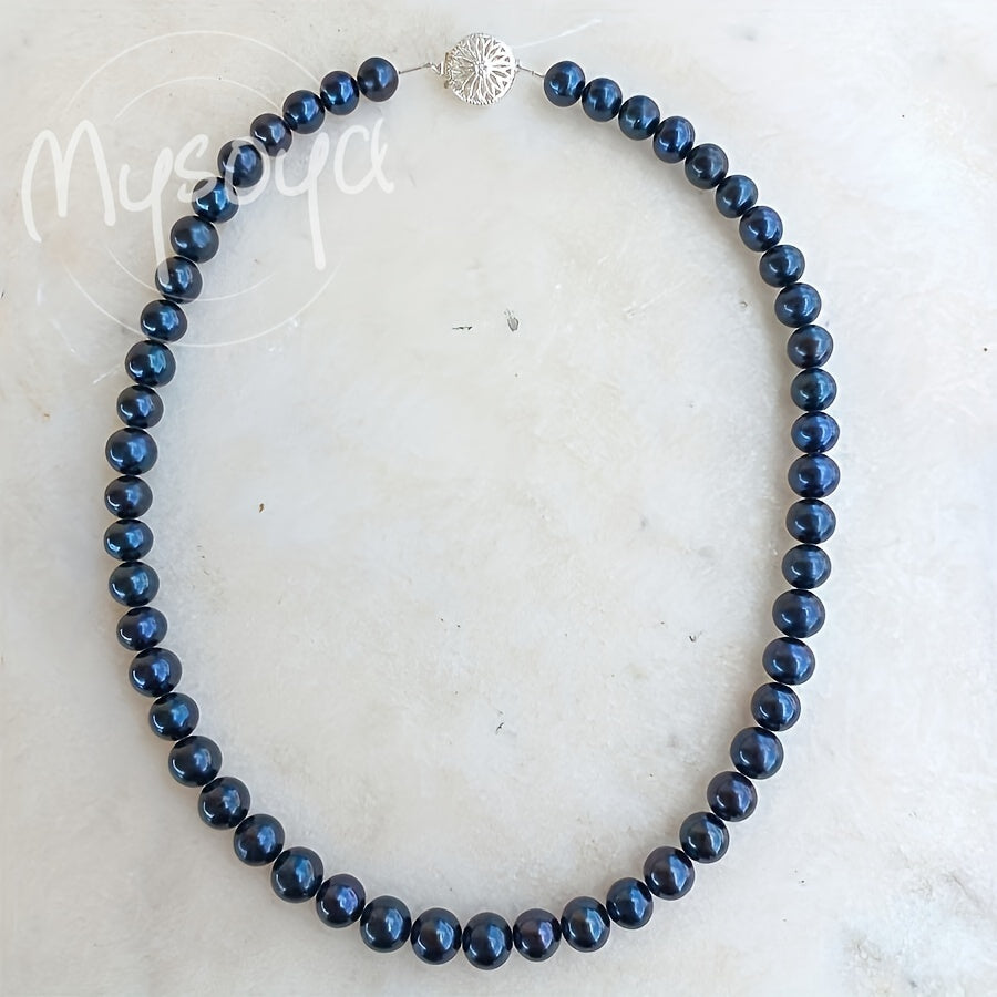 Deluxe Midnight Blue Freshwater Pearl Necklace, featuring 8-9mm Natural Pearls and a Silvery Flower Clasp. June Birthstone, suitable for both Daily Wear and Special Occasions. Comes in a Gift Box, making it a perfect Valentine's Day gift for Him or Her.