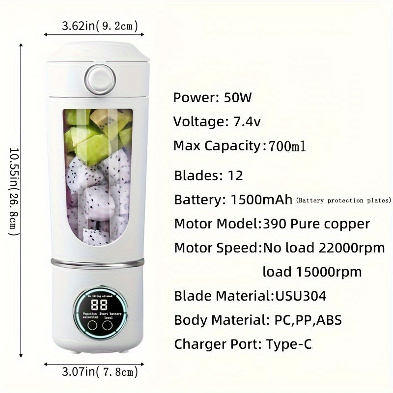 Portable juicer with digital display, compact design, and USB rechargeable battery. Suitable for making smoothies, milkshakes, and fresh fruit juice. Features easy-cleaning 12-blade system, double lid, and ice crusher. Perfect for travel and on-the-go