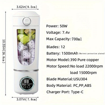 Portable juicer with digital display, compact design, and USB rechargeable battery. Suitable for making smoothies, milkshakes, and fresh fruit juice. Features easy-cleaning 12-blade system, double lid, and ice crusher. Perfect for travel and on-the-go