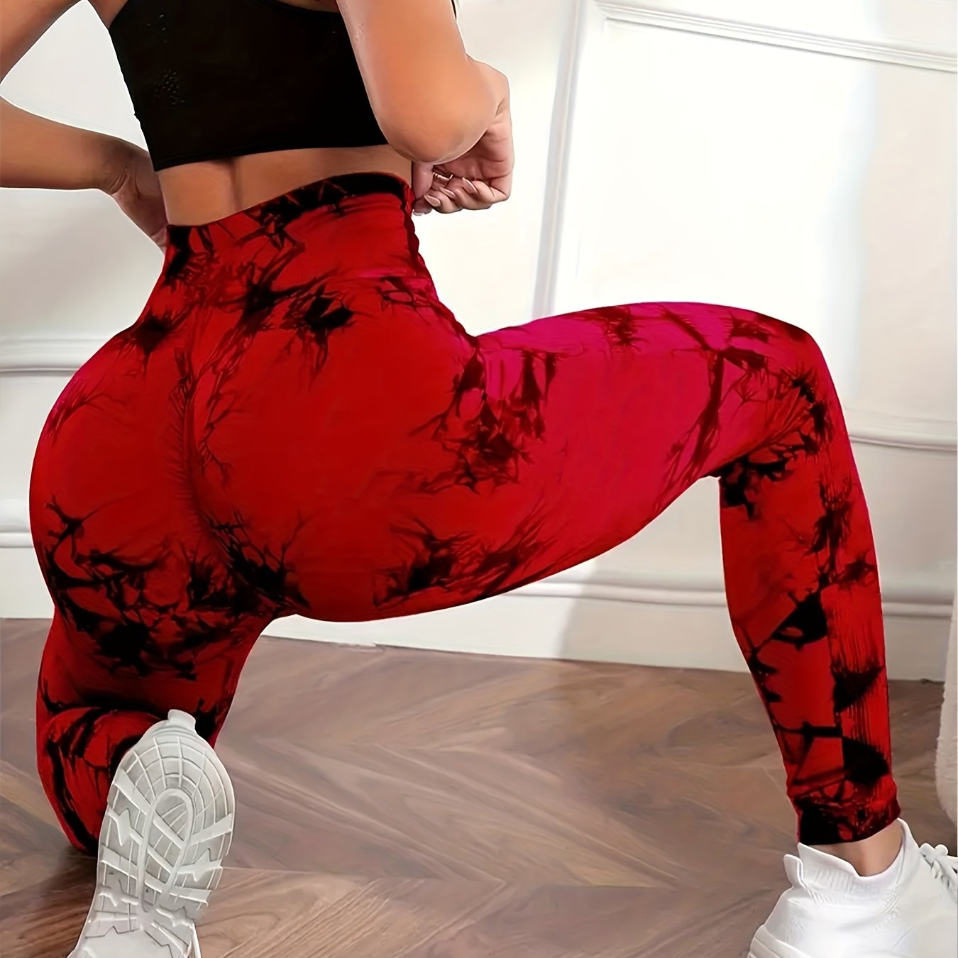 High-waist Peach Lift Tie-Dye Yoga Leggings made of seamless, stretchy & breathable nylon/elastane blend for women. Machine washable.