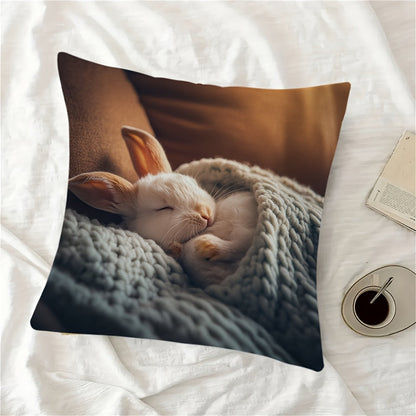 Elegant Sleepy Bunny Christmas Pillowcase - Reversible, Zippered Cushion Cover made of Polyester for Home and Office Decoration.