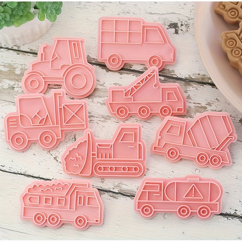 Set of 8 Construction Vehicles Cookie Cutters with Engineering Cookie Embosser, Pastry Cutter Set, Biscuit Molds, Baking Tools, and Kitchen Accessories.