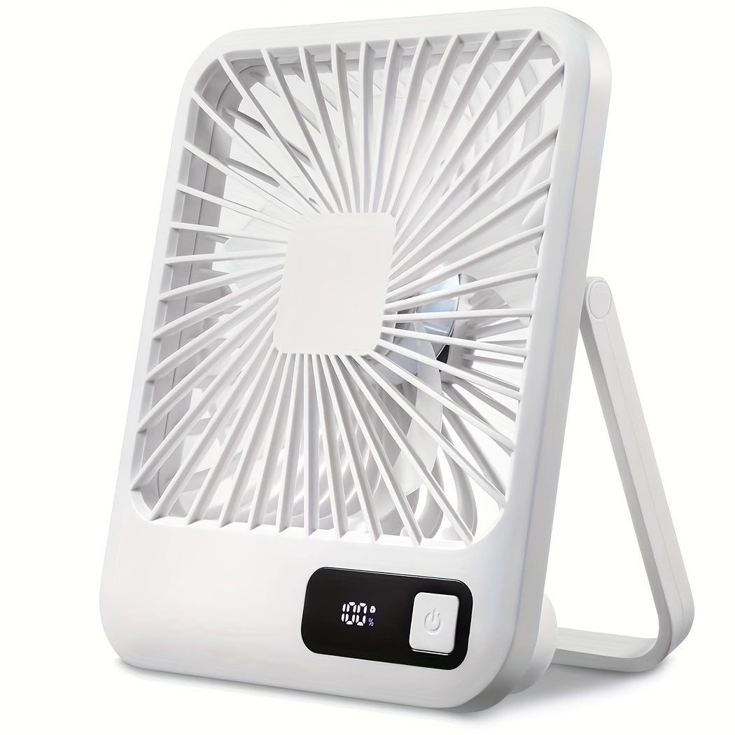 Stay cool on hot days with our Digital Display Desktop Mini Fan. This portable USB rechargeable fan features 180° tilt folding and hanging options, making it versatile for use at home, on your desktop, or while traveling. With its power display and