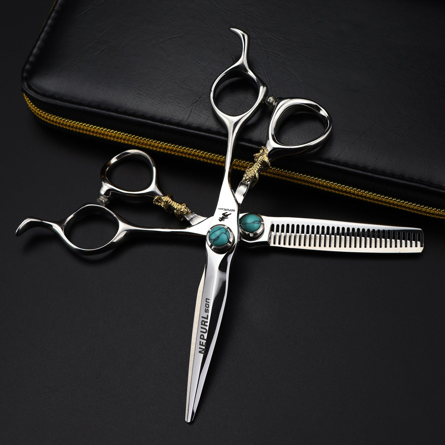 NEPURLson 6-Inch Professional Hairdressing Scissors - Double-Sided Texturizing Shears for Dry & Textured Hair - Right-Handed, Golden Tiger Design.