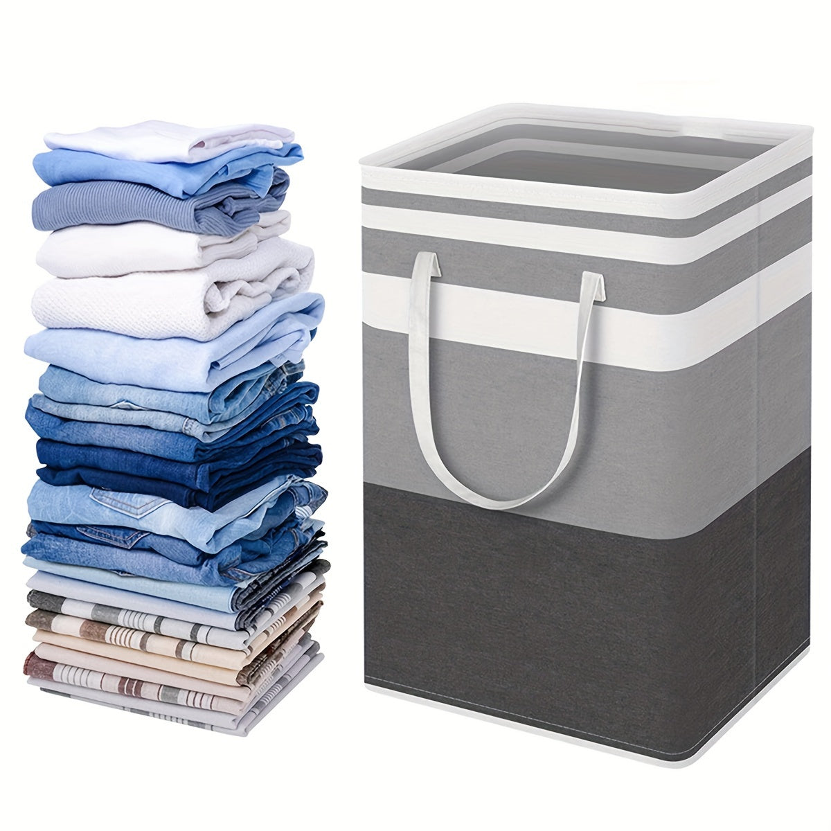 Large laundry baskets, available in singles or sets of two, are waterproof and designed for independent use. The high-tube baskets are foldable and have extended handles, making them suitable for dormitories and families. Available in gradient gray, each