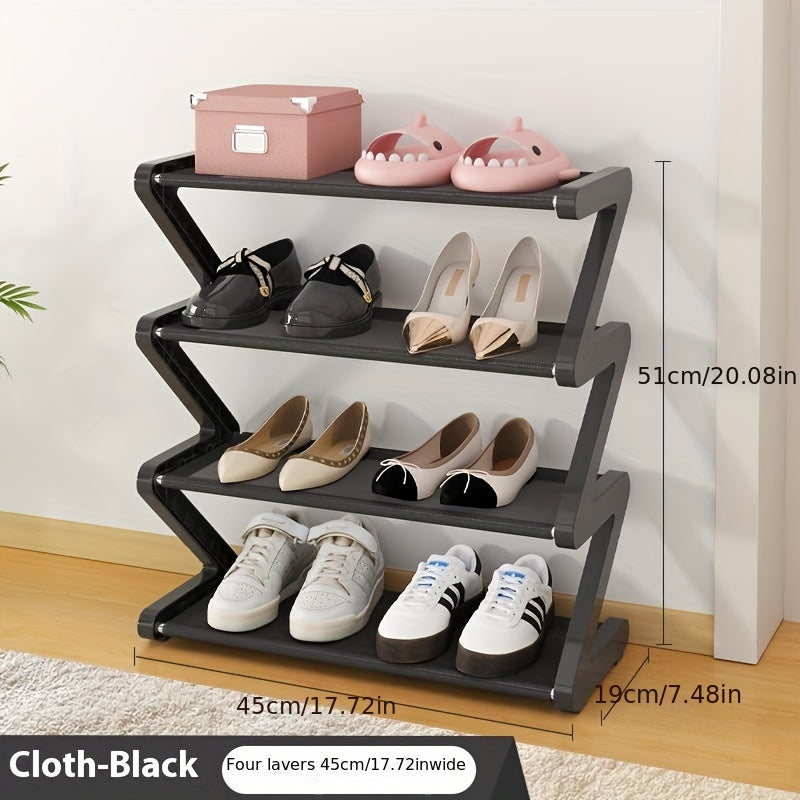 Z-Shaped shoe rack with 4 tiers, plastic, easy assembly, stackable for home or dorm room.