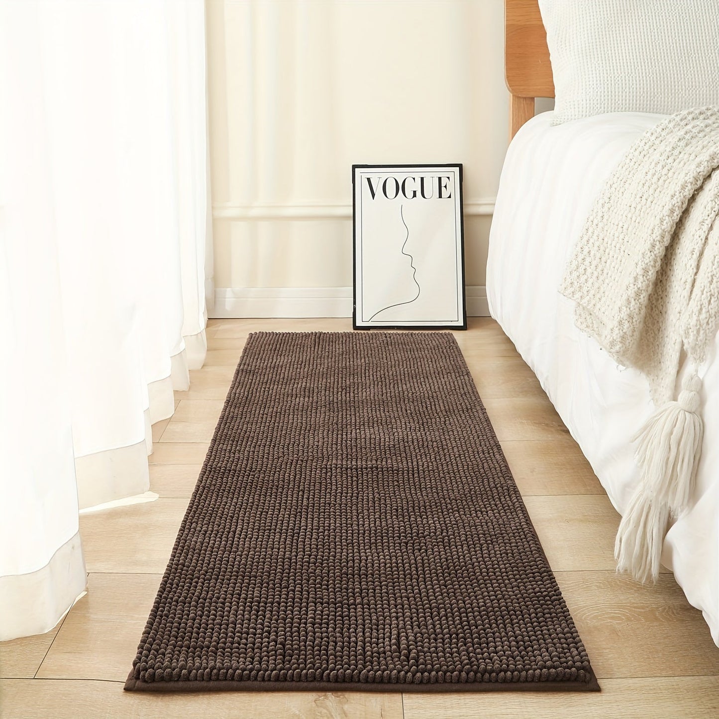 Get this luxurious Chenille Bath Mat, 2cm Thick, with a non-slip, super absorbent, quick-dry design. Made of woven polyester with rubber backing, this mat weighs 1450gsm and is perfect for the bathroom, kitchen, bedroom, or entryway. It also makes a