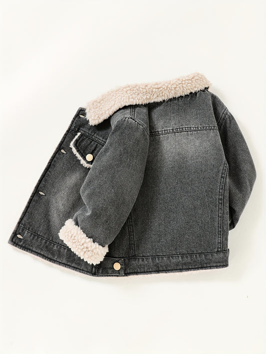 Warm, casual denim jacket lined with cozy fleece for boys in Fall/Winter.