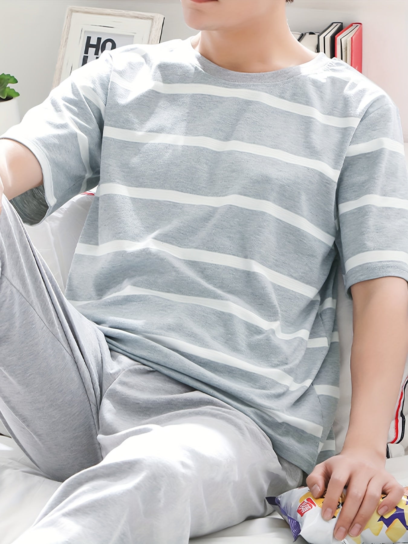 Gray Striped Short Sleeve Top and Long Pants, Men's Pajama and Home Wear Set