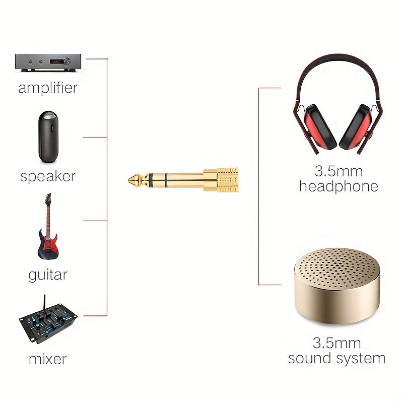 2Pcs Stereo Audio Adapter with 3.5mm Male to 6.35mm Female and 6.35mm Male to 3.5mm Female converters, gold plated.