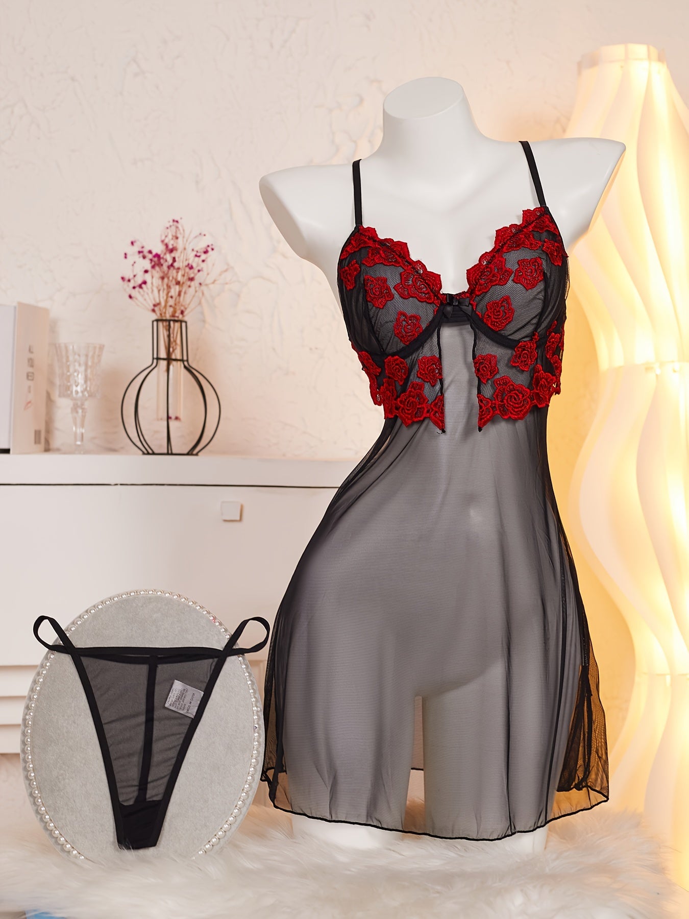 Floral lace trim sleepwear set with bow detail, made of 100% polyester.