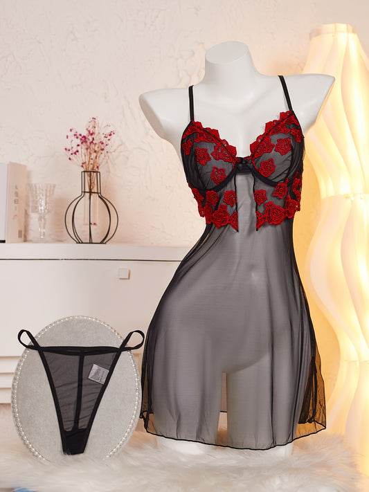 Floral lace trim sleepwear set with bow detail, made of 100% polyester.