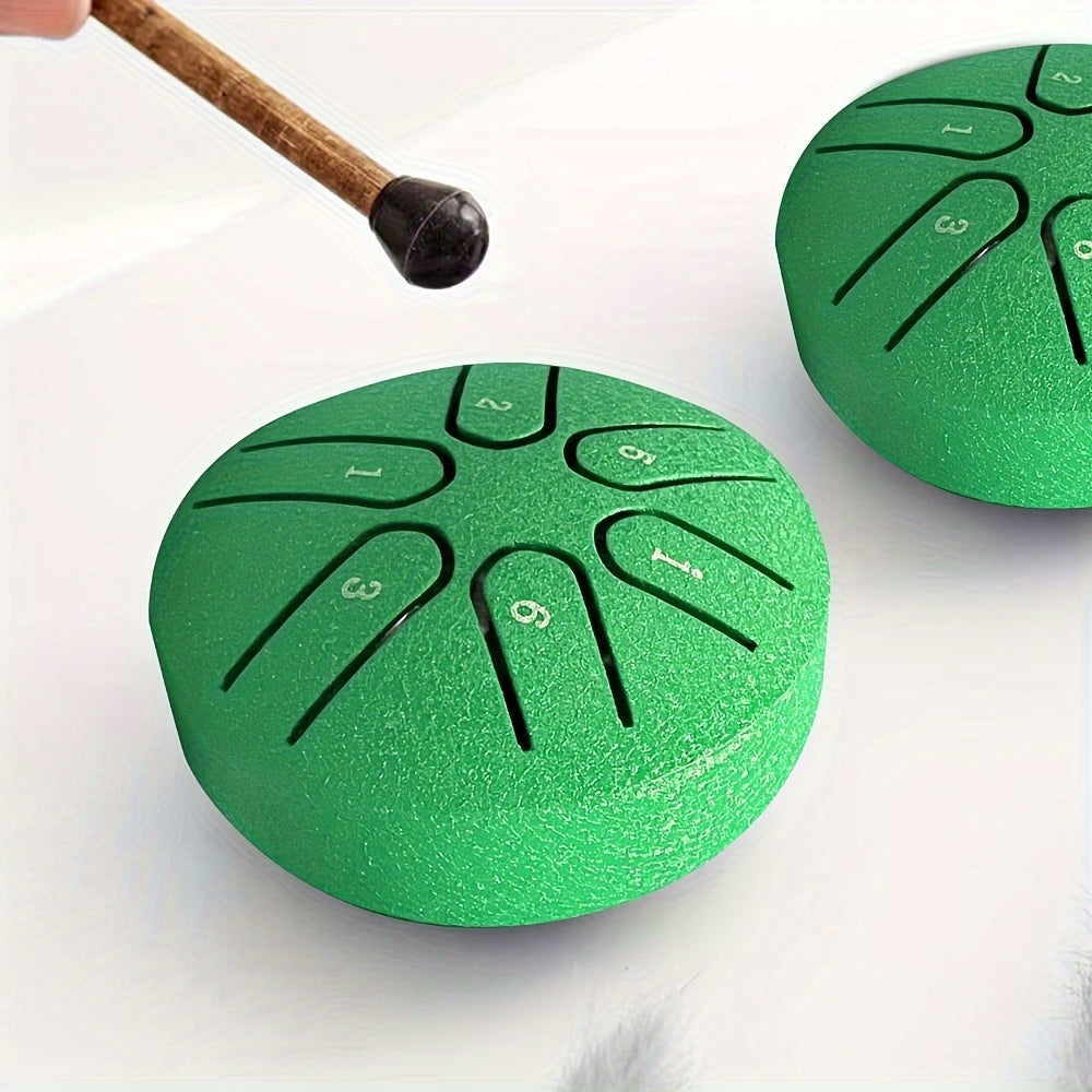 7.62cm 6-note Mini Ethereal Drum for Meditation, Percussion, Instruments, Music, Yoga, and Education, available in Black, Green, Purple, Navy, and Golden colors.