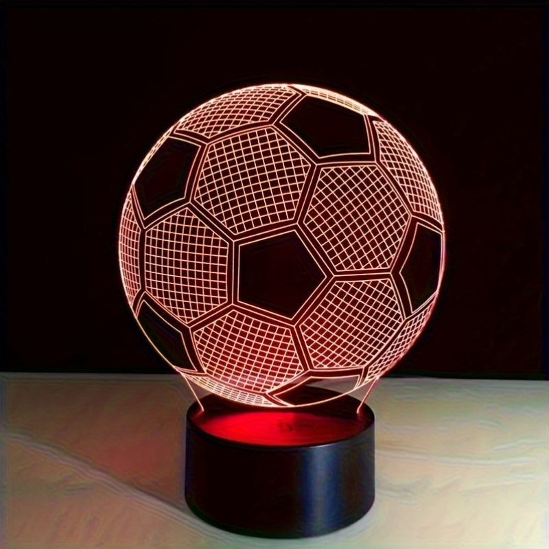 3D soccer ball illusion LED nightlight, geometric pattern, touch control, ideal for various spaces, sports theme, USB powered.