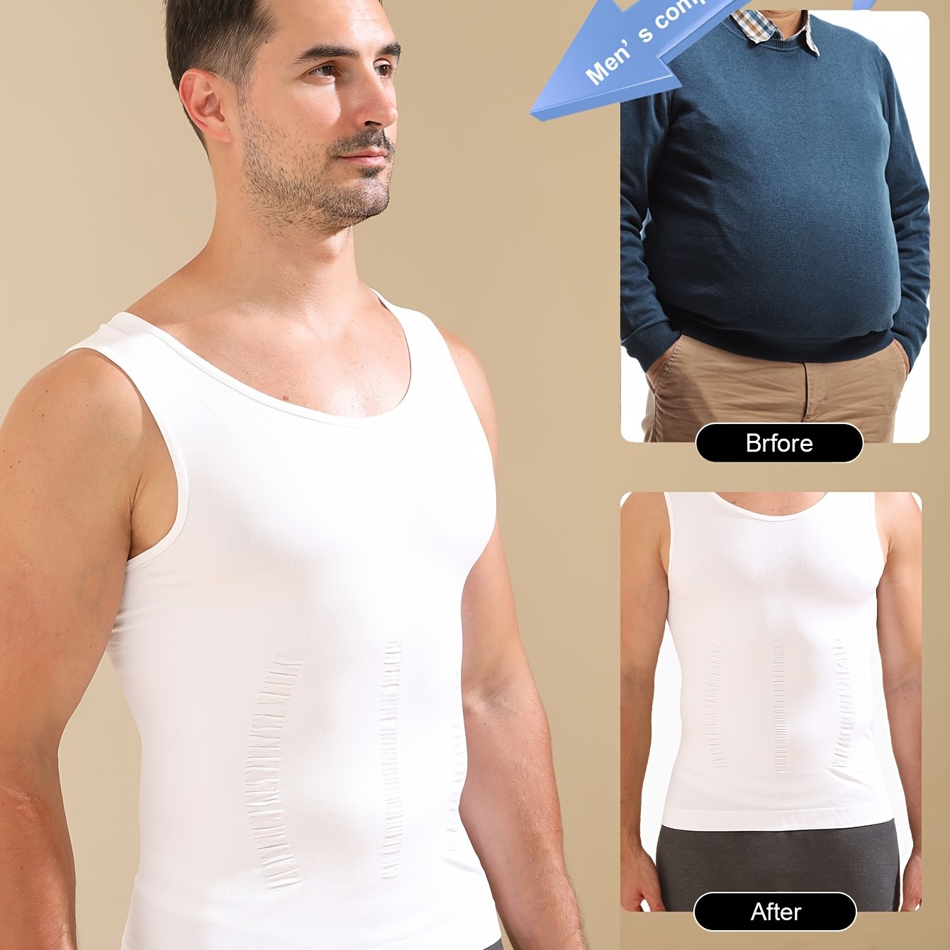 Men's body shaping tank top with breathable fabric, wide shoulder straps, designed to slim waist and chest.