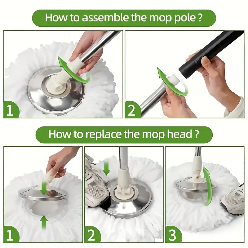 360° aylanuvchi mopu va chelak to'plami, 2 ta mikroto'qima mop boshli, zanglamaydigan po'latdan yasalgan tutqich, nam va quruq tozalash uchun mos, yashash xonasi, yotoqxona, hammom, hojatxona va oshxona uchun mukammal.