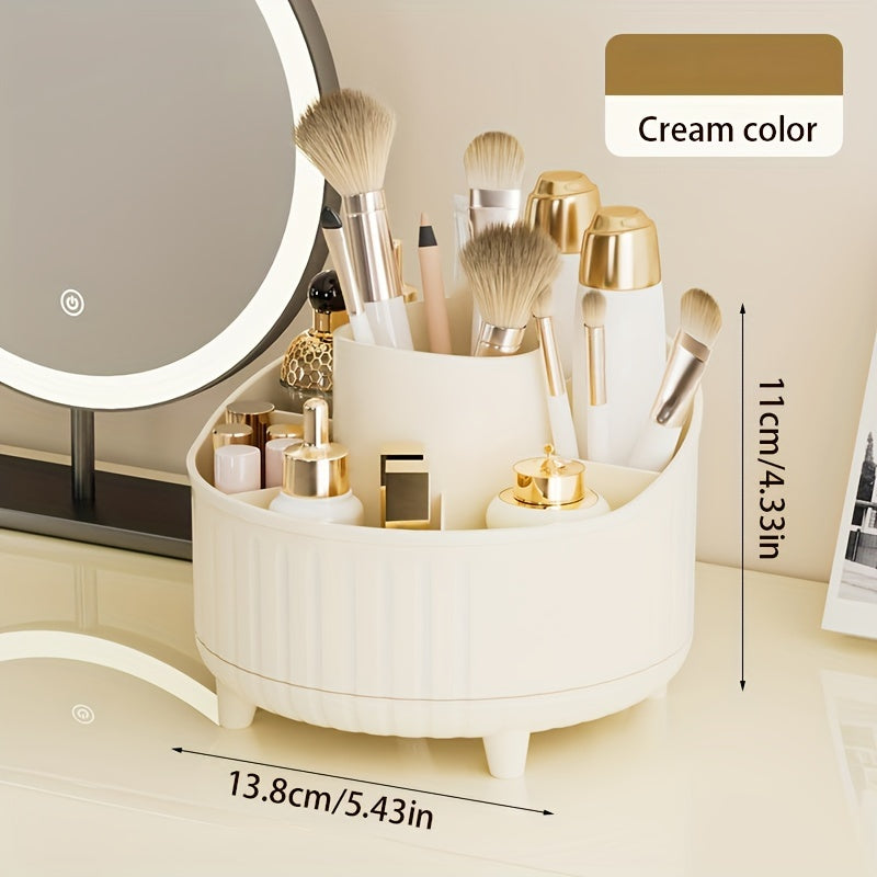 Rotating makeup organizer with large capacity for cosmetics, brushes, skincare, and office supplies. No installation needed, polished finish.