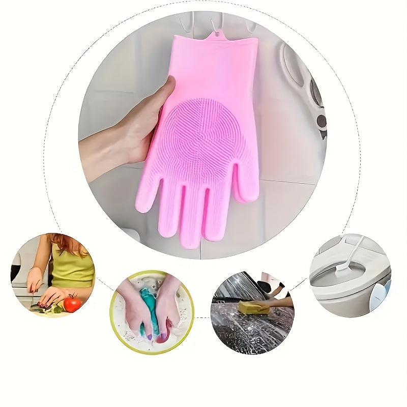 Get two durable and waterproof silicone dishwashing gloves in pink and blue colors. These ambidextrous gloves are BPA and lead-free, making them safe for use in the kitchen, bathroom, outdoors, and even in your car. They are wear-resistant and perfect