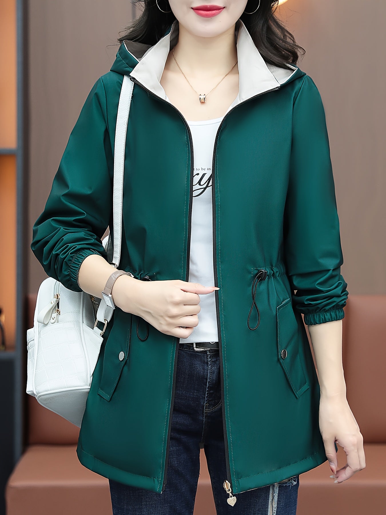 Women's Casual Zip-up Hoodie Windbreaker Jacket with Drawstring Waist, perfect for Spring & Fall.