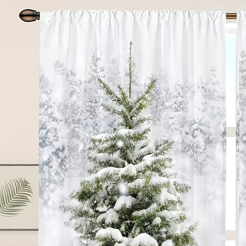 Set of 2 Christmas Green Cafe Curtain Tiers with Pine Tree and White Snow Design, Washable Polyester Material, Soft Curtains for Living Room, Office, Kitchen, and Home Decor