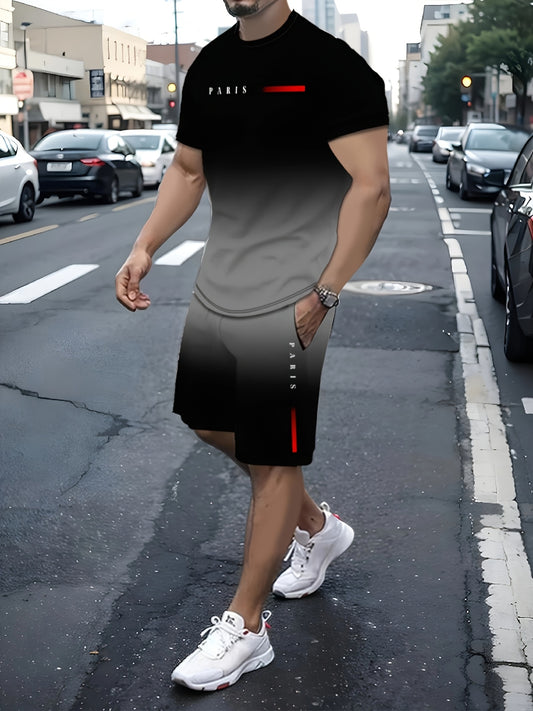 Men's polyester t-shirt and shorts set with PARIS letter print and slight stretch knit fabric, suitable for all-season wear in the Middle East. Ideal for summer workouts and vacations.