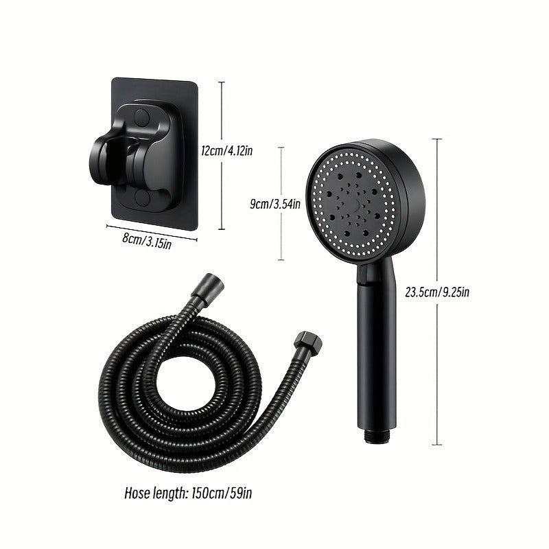 Handheld shower head with 5 adjustable modes. Wall-mounted round plastic design includes bracket, flexible hose. Modern shower accessory with space-saving plastic construction.