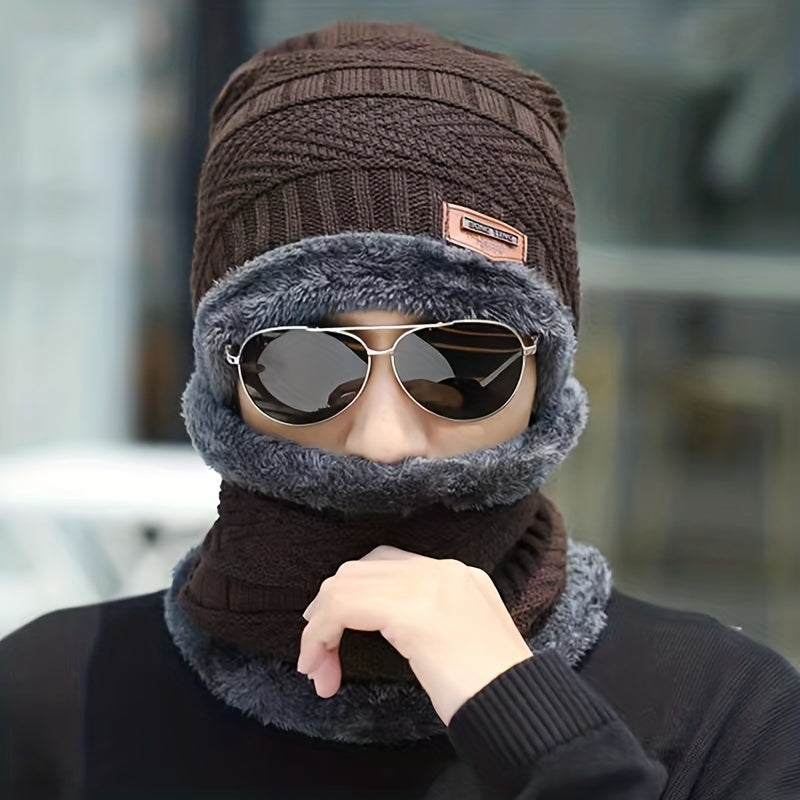 Men's Winter Outdoor Pullover Plaid Warm Knitted Hat with Plush Thickened Scarf, 1 piece