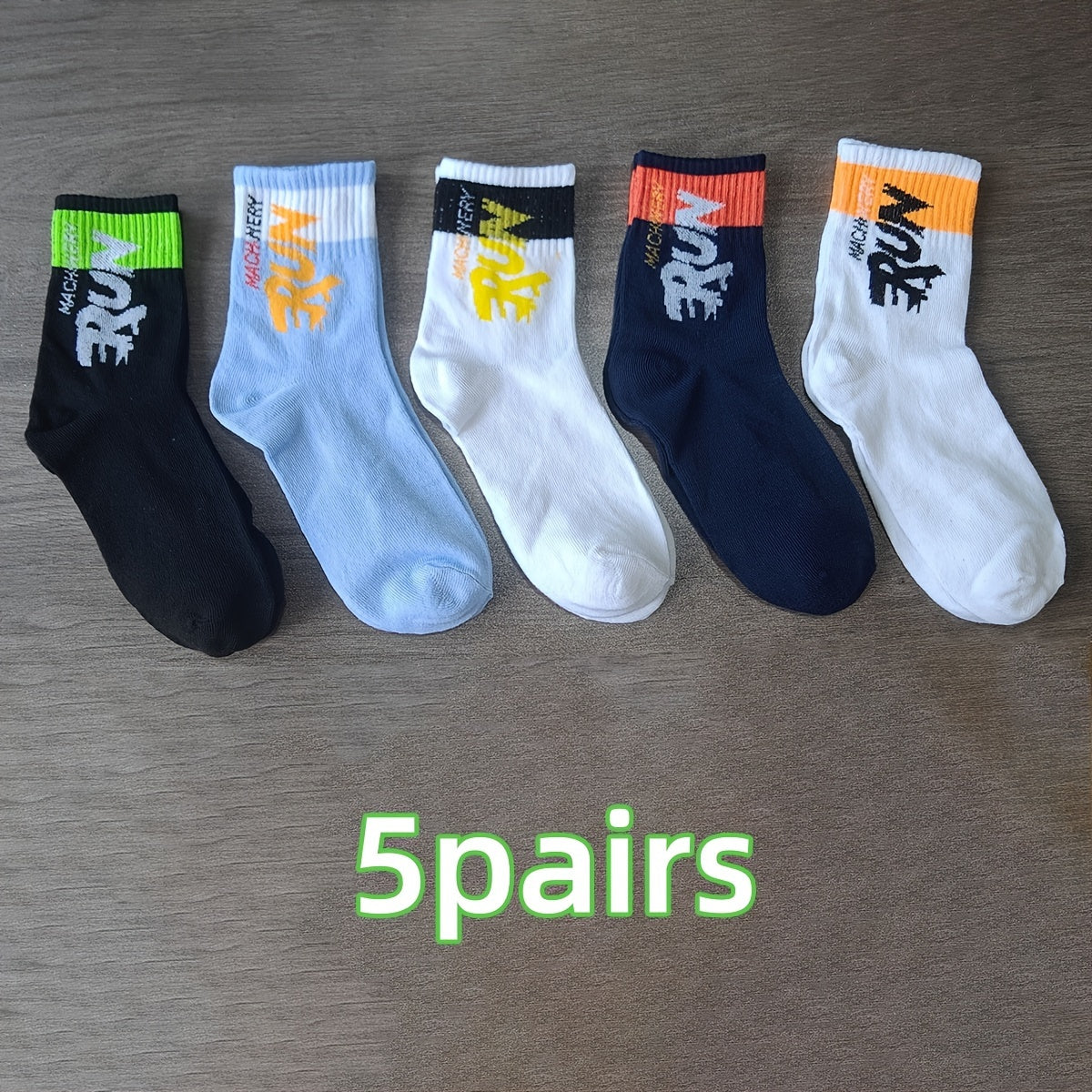 Men's mid-calf crew socks with 5 pair letter pattern, perfect for outdoor sports.