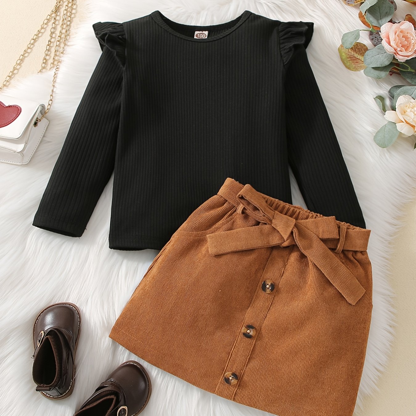 Black ribbed long sleeve top paired with a yellow and brown half skirt set for young girls, by JOPGEEY.