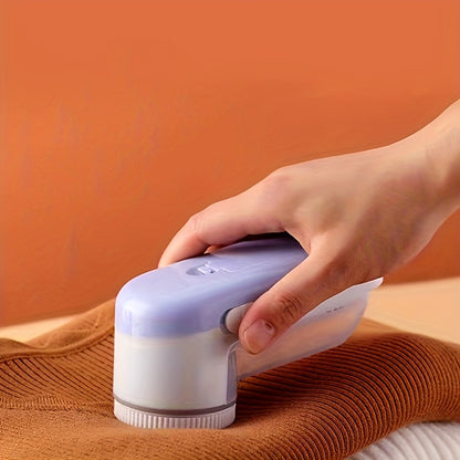 Fabric shaver, also known as electric lint remover, for removing lint, fuzz, and pilling from clothes, bedding, furniture, and carpet. Battery-operated and portable.