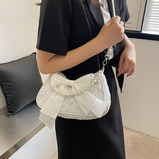 White pleated retro bow bag with pearl handle, new trend fashion pearl underarm shoulder messenger bag.