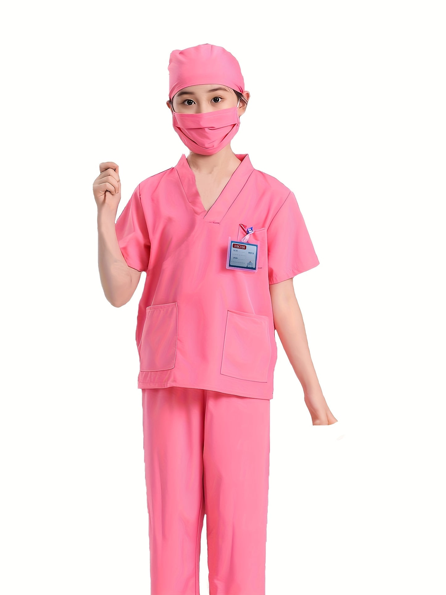 6-piece set of doctor/nurse costume for 3-7 year-olds, including V-neck top, pants, hat, buttons, chest card, and embroidered white coat. Perfect for role-playing, parties, holidays, and