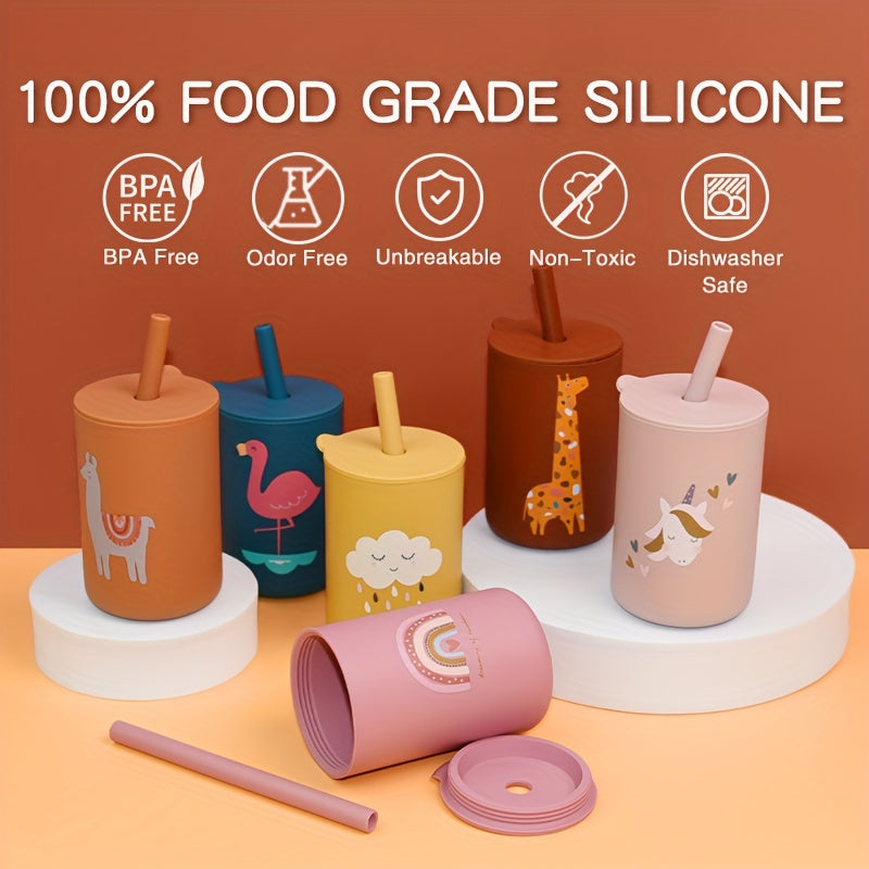 Introducing the 6oz Silicone Kids Sippy Cup, equipped with a straw and lid. This BPA-free cup is safe for use in the dishwasher and microwave, making it perfect for young children learning to drink on their own. Choose from a variety of fun colors