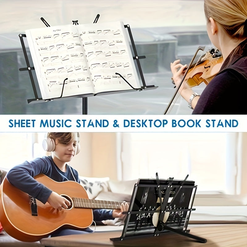 Portable folding music stand for sheet music.