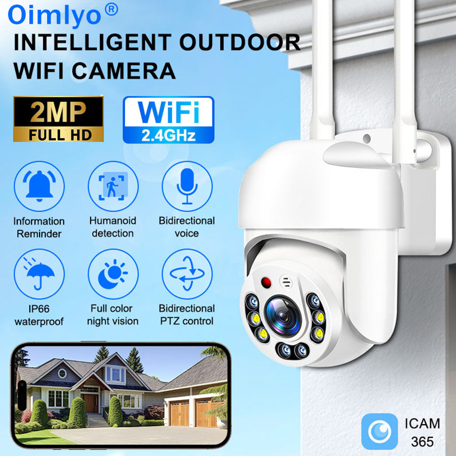 Outdoor WiFi security camera with 2MP HD resolution, IP66 waterproof rating, PTZ function, and audio capabilities. Features AI motion detection, two-way intercom, 1080p night vision, and USB power. Compatible with smartphones and operates on a wireless