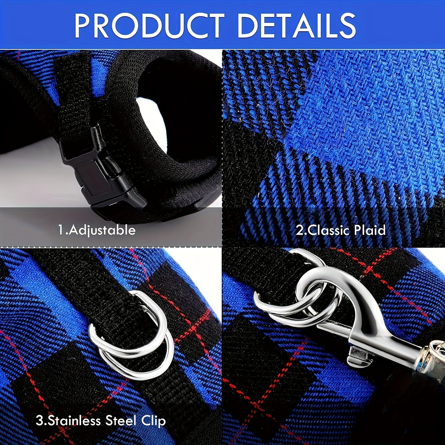 Checkered blue and red hamster harness and leash set with bell for small animals. Adjustable and breathable.