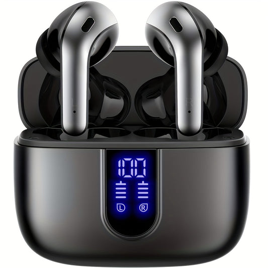 Adult-friendly LIFEBEE Wireless Earbuds with 60H playback, LED display, noise cancelling, touch control, condenser mic, and fast charging. Compatible with cellphones.