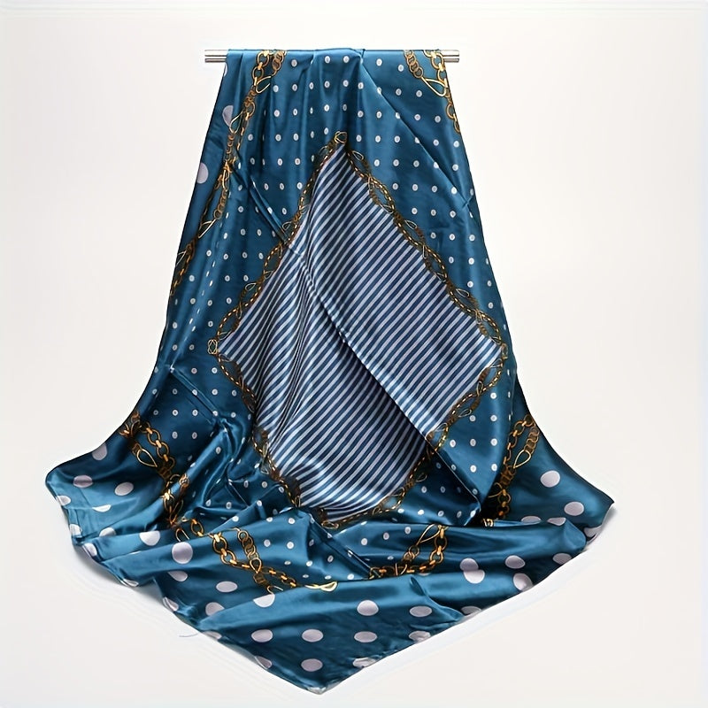 Lightweight silk faux scarf with fashion satin polka dot print, measures 88.9cm square.