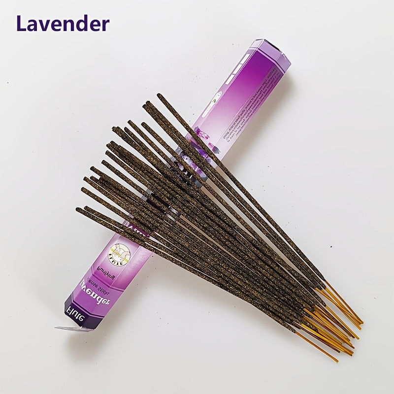 Box of 20 incense sticks in assorted fragrances like Vanilla, Sandalwood, Cherry, Women's, White Rose Yoga, and Lavender. Ideal for yoga, meditation, and home decor. Experience the scents of India.