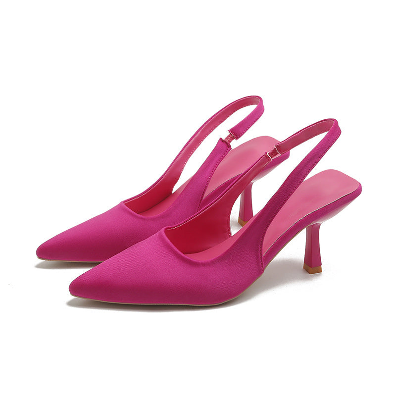 Women's slingback high heels with a solid color pointed toe slip-on stiletto design, suitable for various occasions.