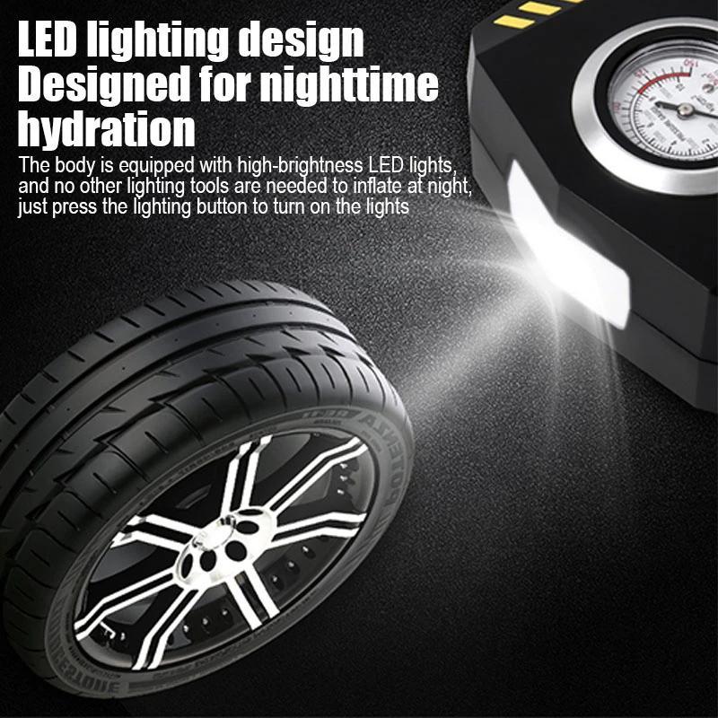 Portable tire inflator with digital gauge, LED light, and safe night use for cars and bikes.