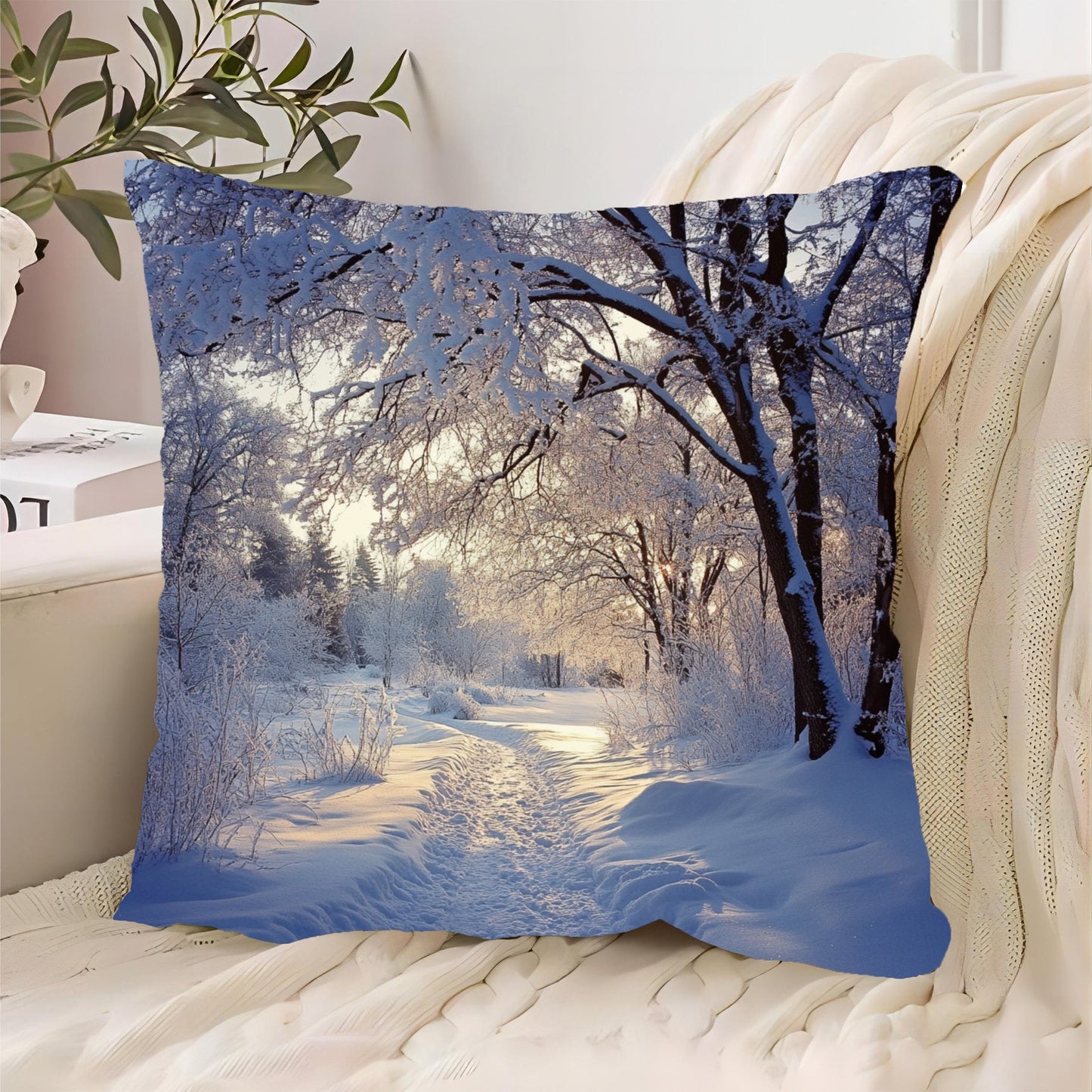 Stay cozy with our Winter Wonderland Snow Scene Throw Pillow Cover, measuring 45.72x45.72 cm. Made of contemporary short plush polyester, this machine washable pillowcase features a zippered design for easy cleaning. Suitable for various room types, this