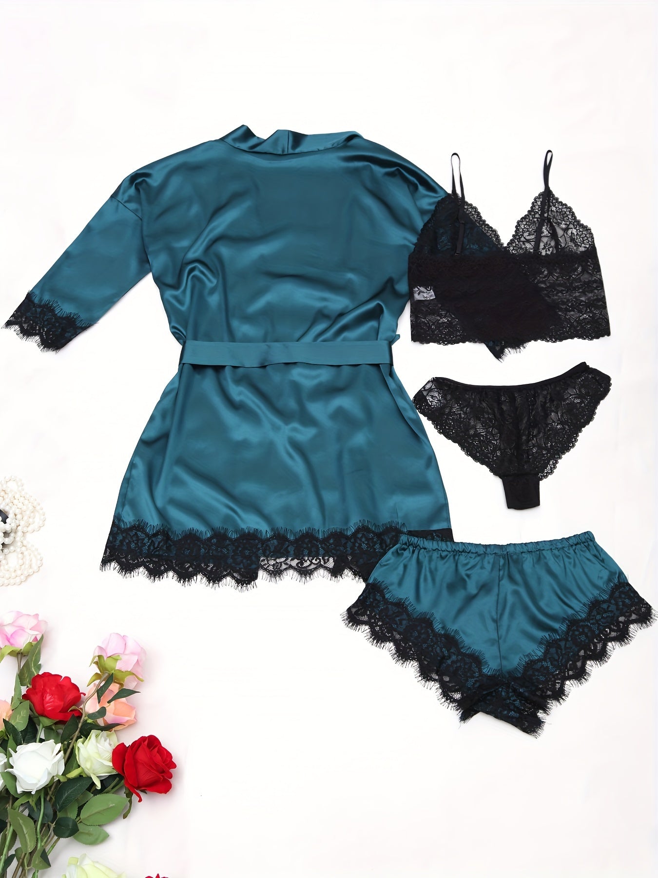 5-piece satin pajama set for women with lace detail, polyester sleepwear with belt, adult bedroom wear in multi-color