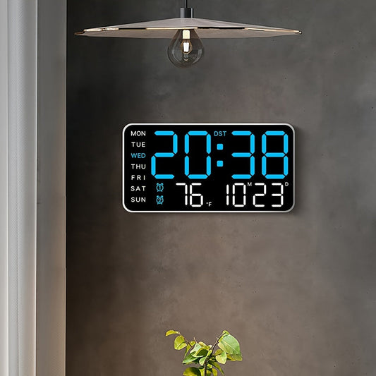 Digital Wall Clock by RIDAHOME featuring a BEZEL-less electronic display, dual-functionality, sleek design suitable for living room, nursery, or student room decor. Can be powered by cord or USB with voltage ≤36V, made of durable ABS material.