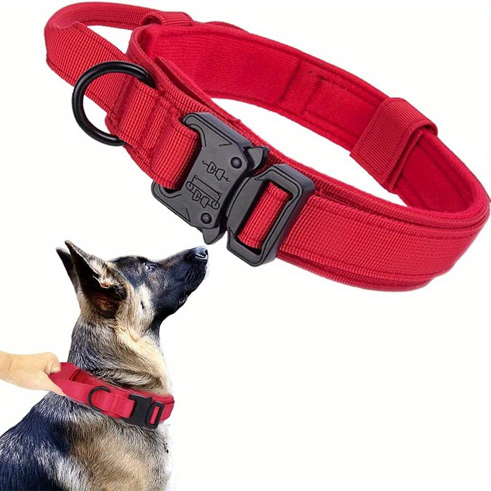 Adjustable tactical dog collar with heavy-duty metal buckle for training and walking.