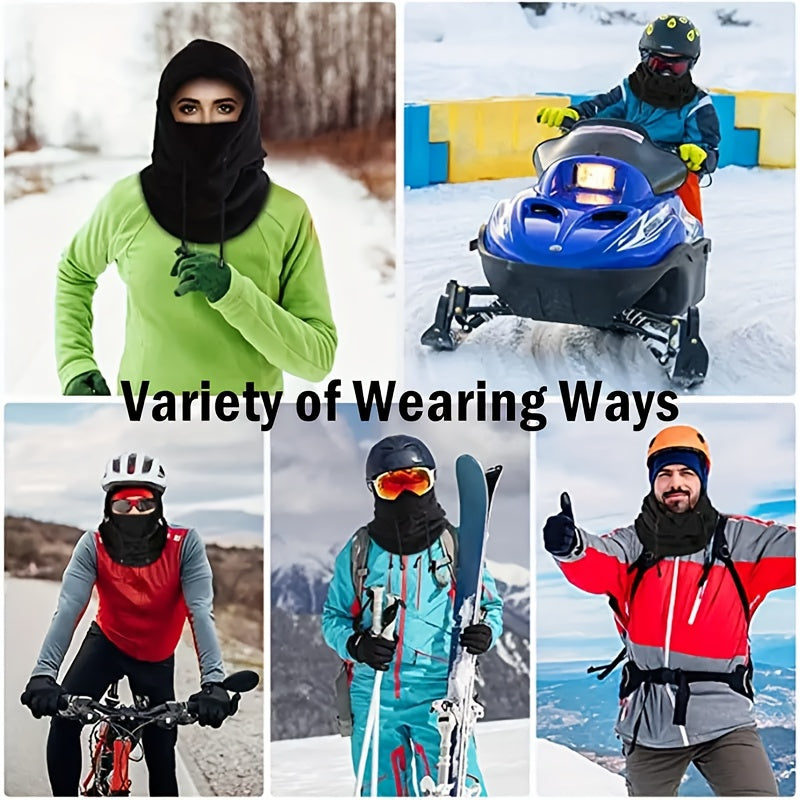 Men and Women's Solid Color Winter Drawstring Balaclava Windproof Ski Mask, Neck Gaiter, and Hooded Scarf for Outdoor Cold Protection