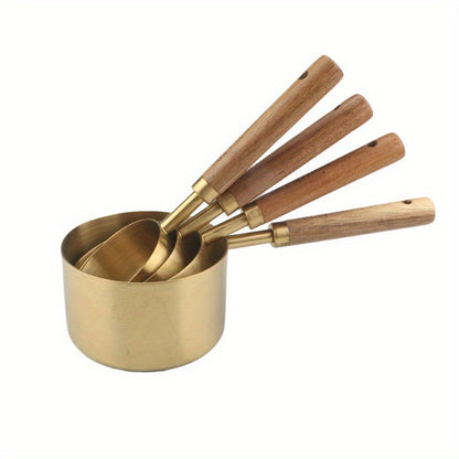 Set of 4 stainless steel measuring cups and 4 stainless steel measuring spoons with acacia wooden handles. Ideal for measuring dry and liquid ingredients when baking or cooking. Includes seasoning and powder spoons for added convenience in the kitchen.